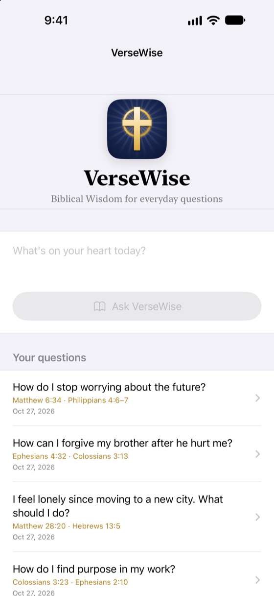 The home screen with a question box and saved answers